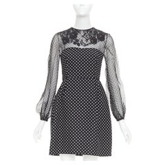 VALENTINO black white wool silk crepe polka dot lace overlay pleat dress IT40 S