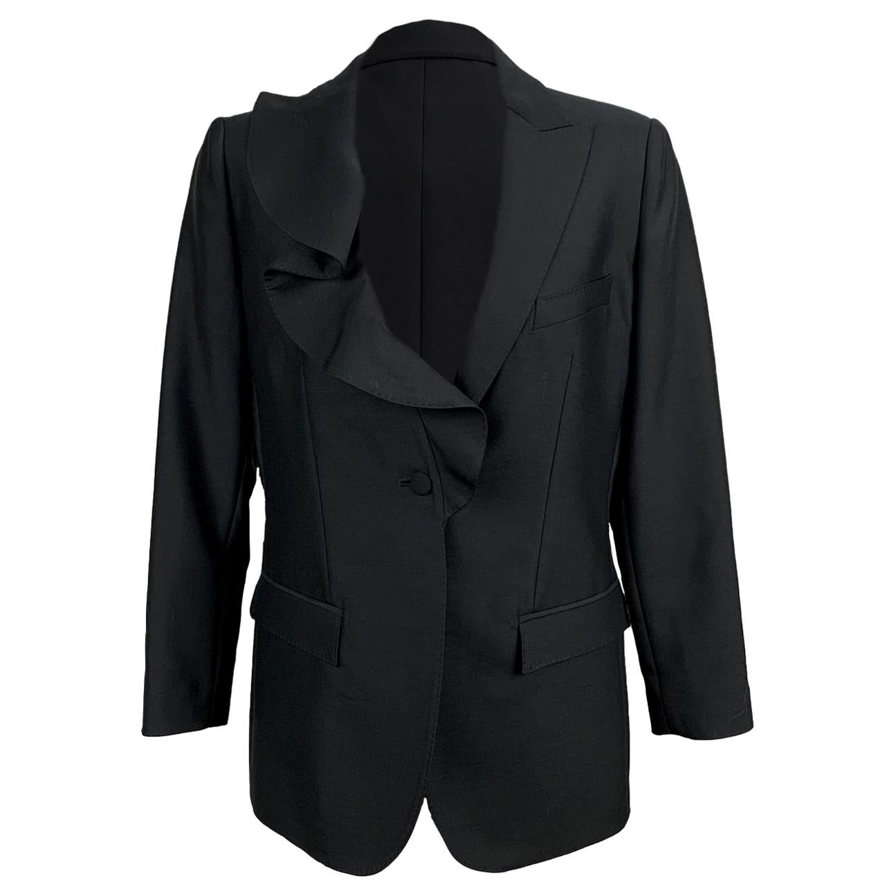 Valentino Black Wool and Silk Blazer with Ruffle Size 40 IT