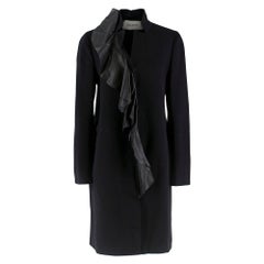 Valentino Black Wool & Cashmere Coat W/ Leather Frilled Trim - Size US 8