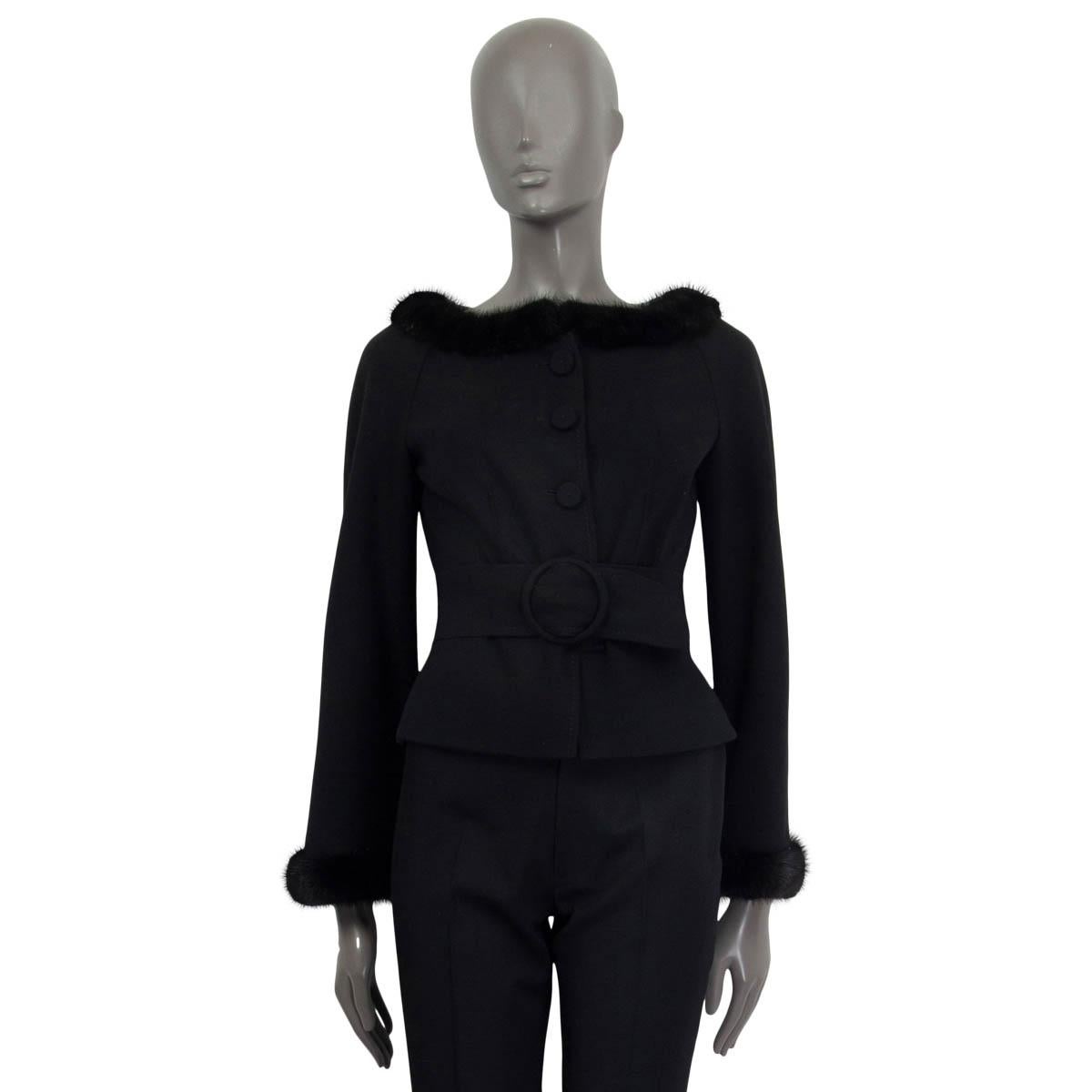 Black VALENTINO black wool FUR TRIM BELTED Blazer Jacket 6 S