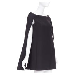 VALENTINO black wool silk bateau darted shoulder cape sleeves mini dress IT38 XS