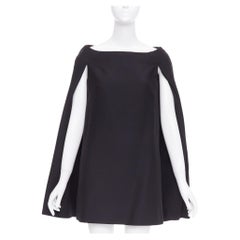 VALENTINO black wool silk bateau darted shoulder cape sleeves mini dress IT38 XS