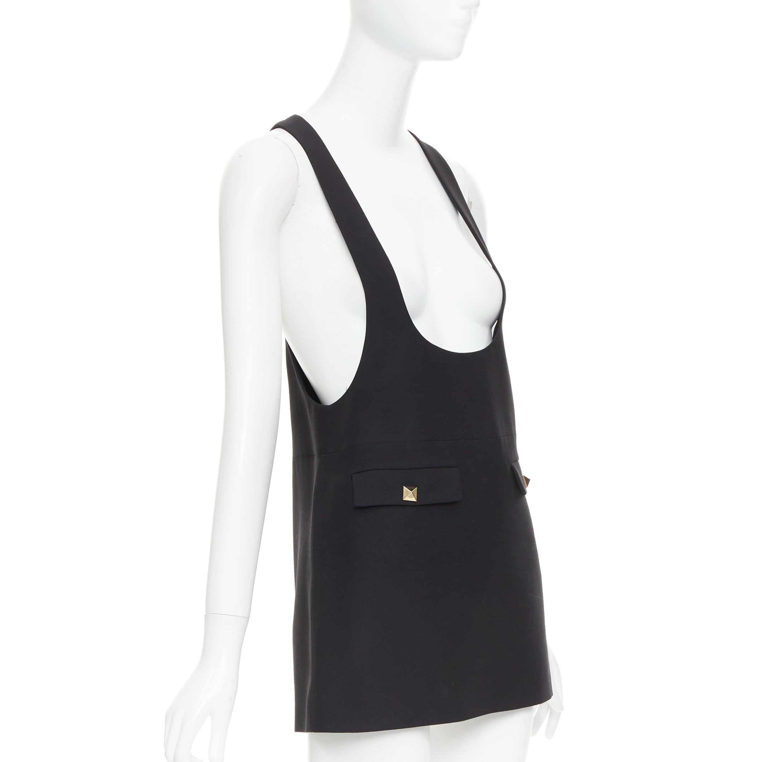 Black VALENTINO black wool silk Rockstud pockets scoop minid ress IT38 XS For Sale