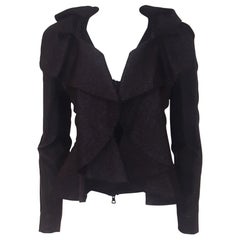 Valentino Black Wool & Silk Ruffle Jacket W/Lambskin Leather Sleeves Size 10 US