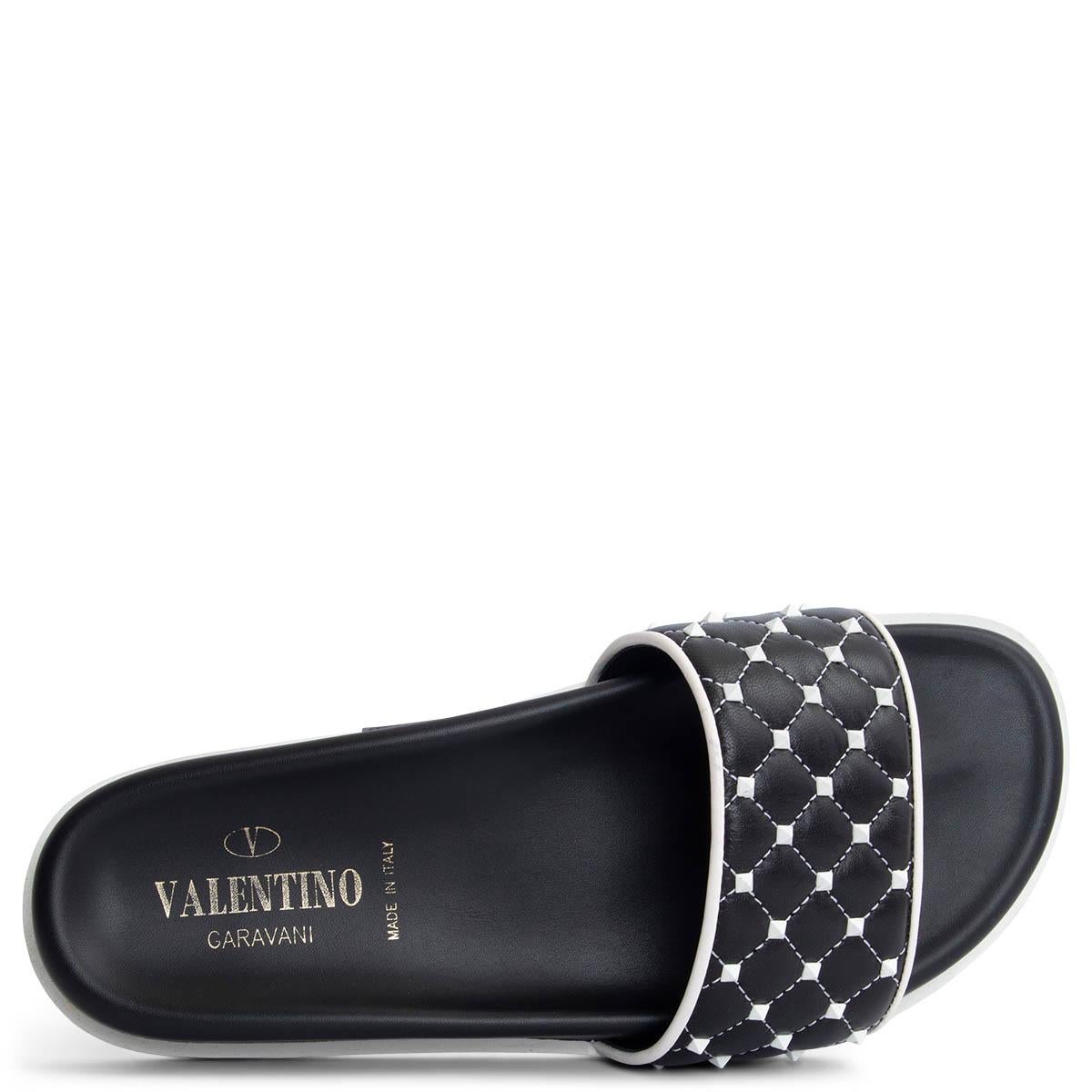VALENTINO black & wrote leather ROCKSTUD Slides Sandals Shoes 37 For Sale 1