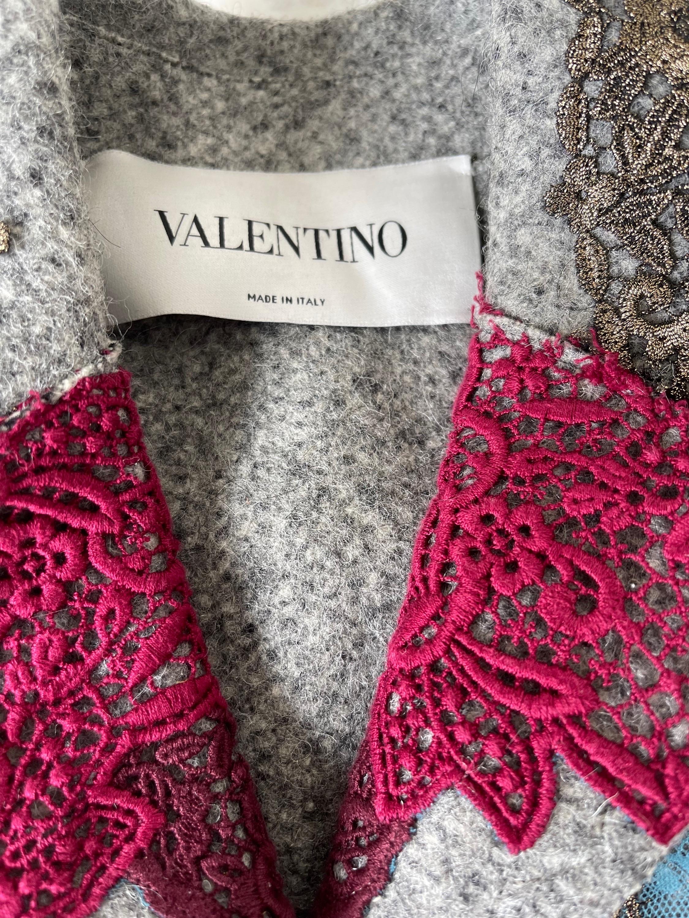 Valentino Blake Lively Fall 2015 Runway Size 2 Lace Wool Patchwork Jacket Coat In Excellent Condition For Sale In San Diego, CA