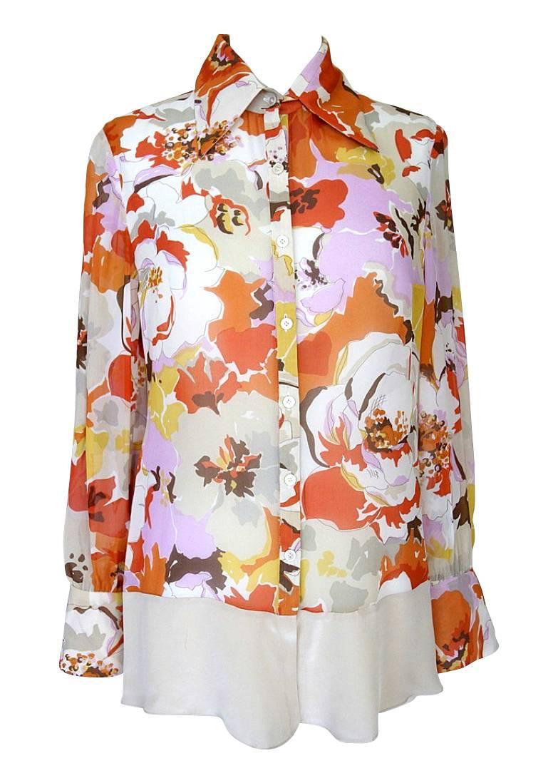 Valentino Floral Print Silk Top Blouse 10 In Excellent Condition In Miami, FL