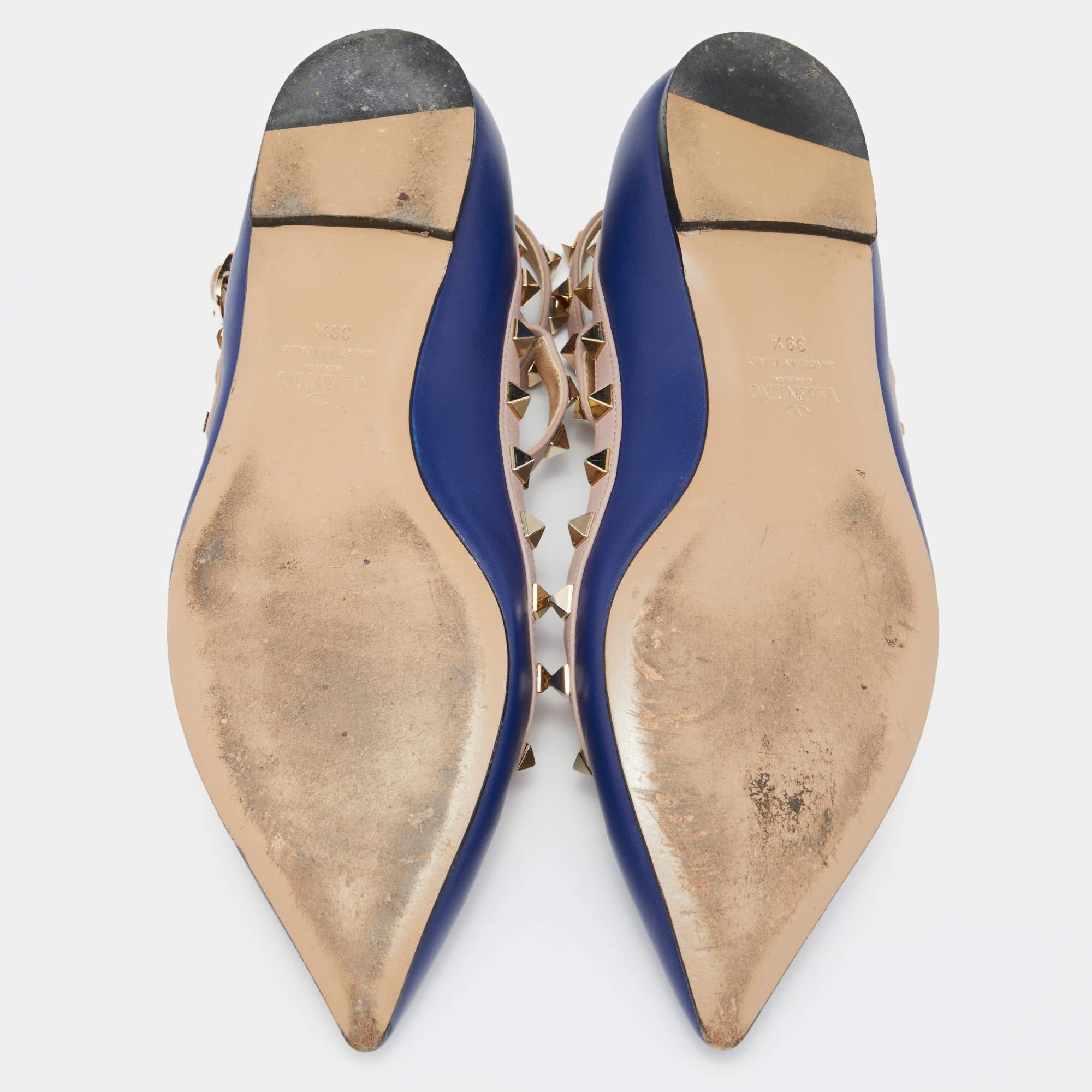 Valentino Blue/Beige Leather Rockstud T Strap Ballet Flats Size 39.5 1