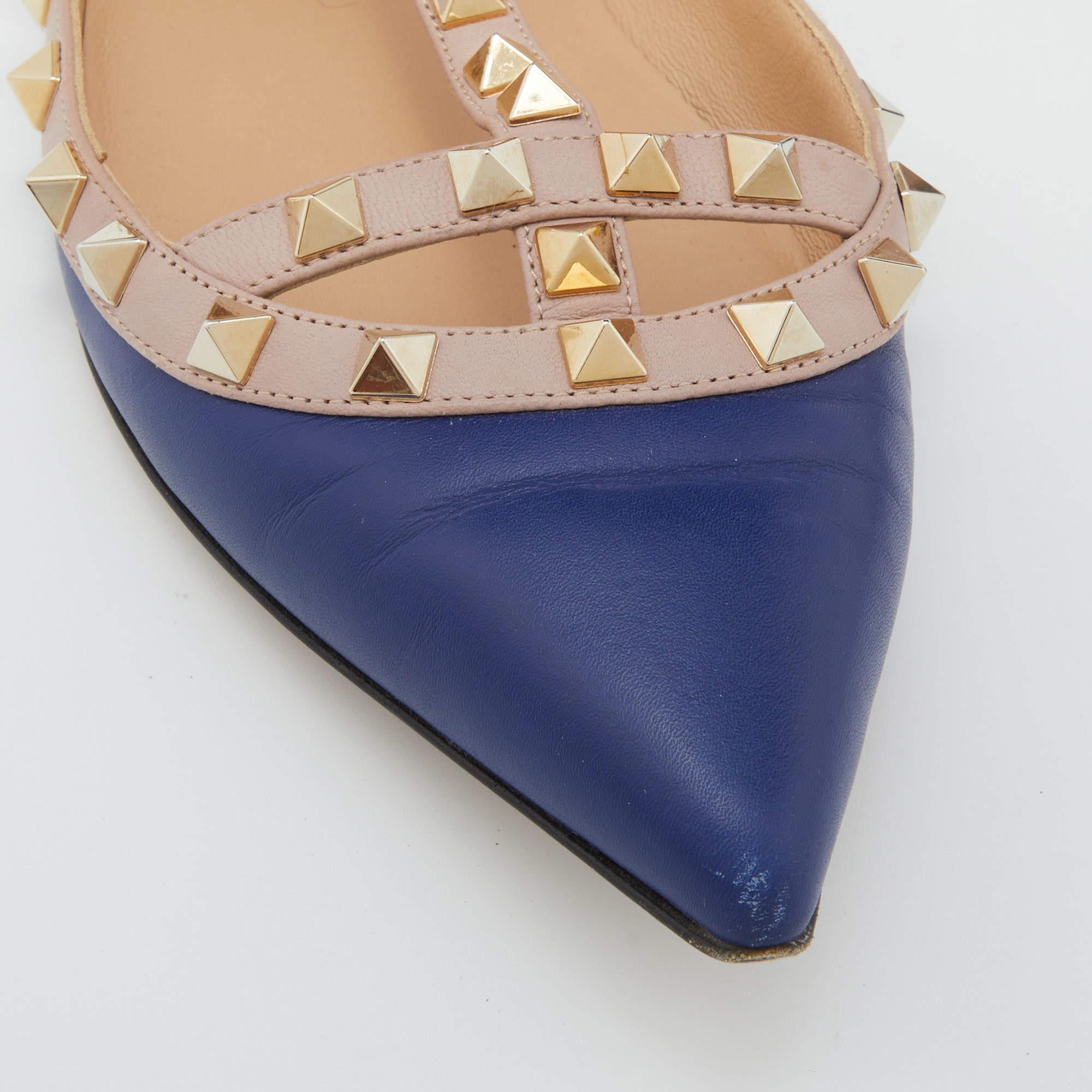 Valentino Blue/Beige Leather Rockstud T Strap Ballet Flats Size 39.5 2