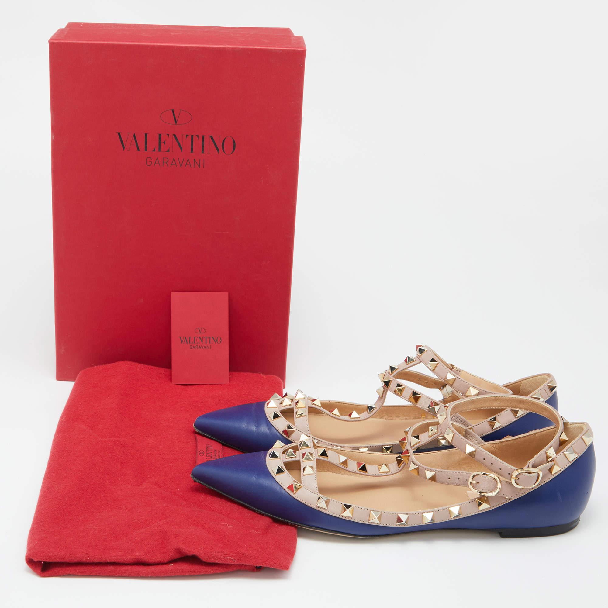 Valentino Blue/Beige Leather Rockstud T Strap Ballet Flats Size 39.5 5