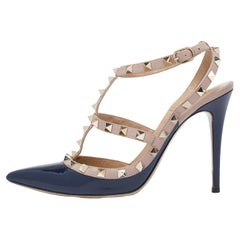 Valentino Blue/Beige Patent And Leather Rockstud Ankle Strap Sandals Size 39