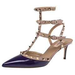 Used Valentino Blue/Beige Patent And Leather Rockstud Ankle Strap Sandals Size 41