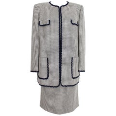 Vintage Valentino Blue Beige Silk Wool Oversize Check Skirt Suit and Jacket 