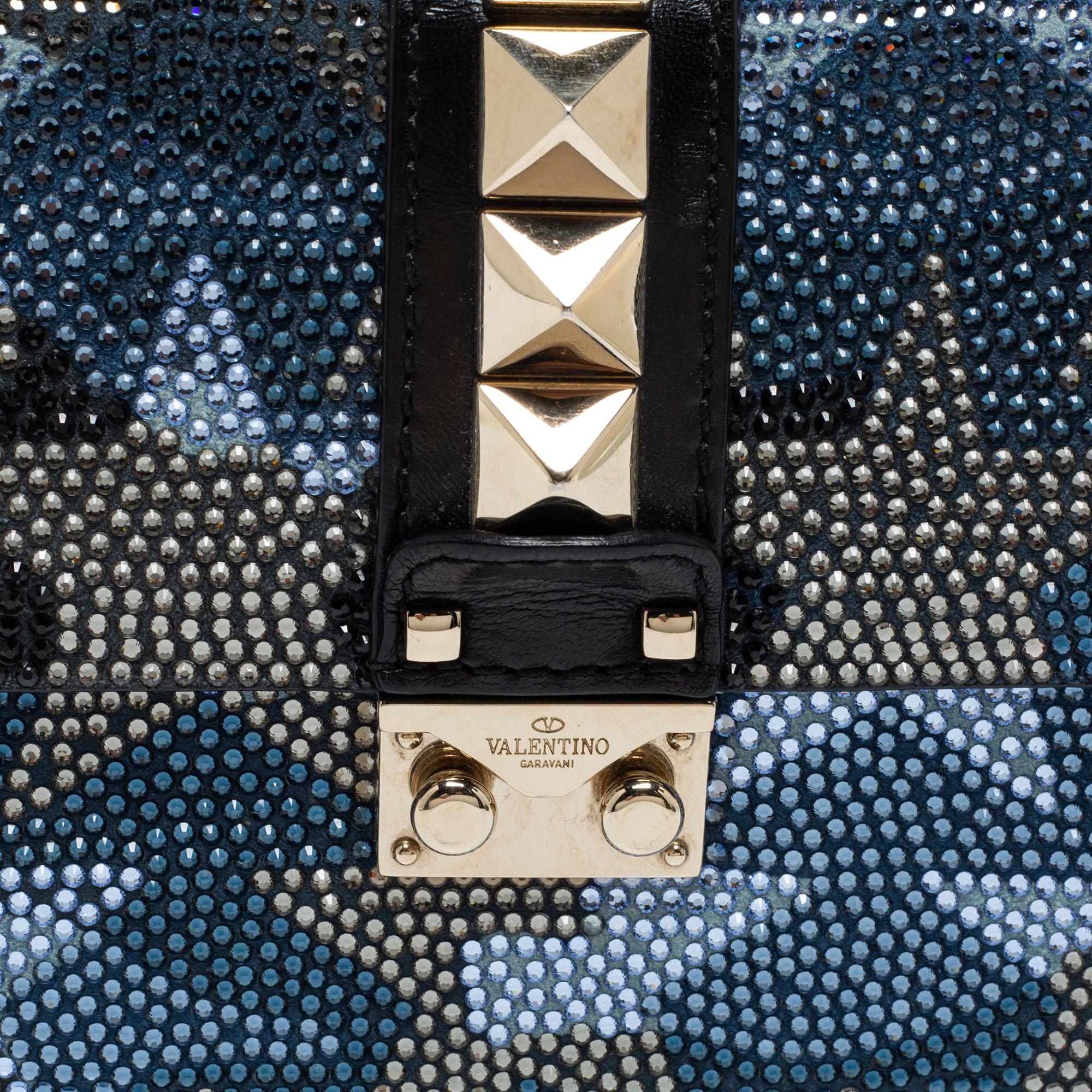 Valentino Blue/Black Crystal Embellished Leather Small Glam Lock Flap Bag In Good Condition In Dubai, Al Qouz 2