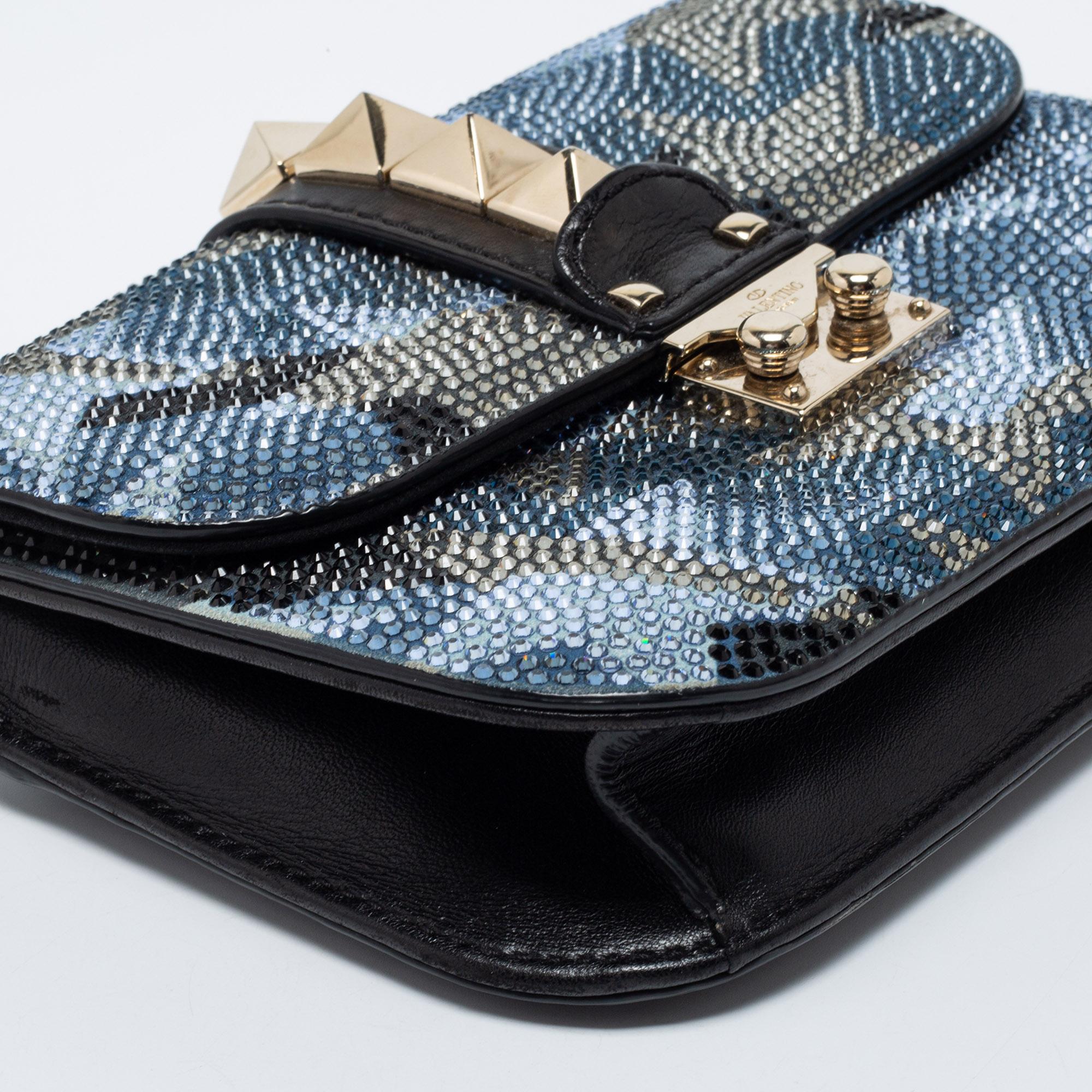 Women's Valentino Blue/Black Crystal Embellished Leather Small Glam Lock Flap Bag