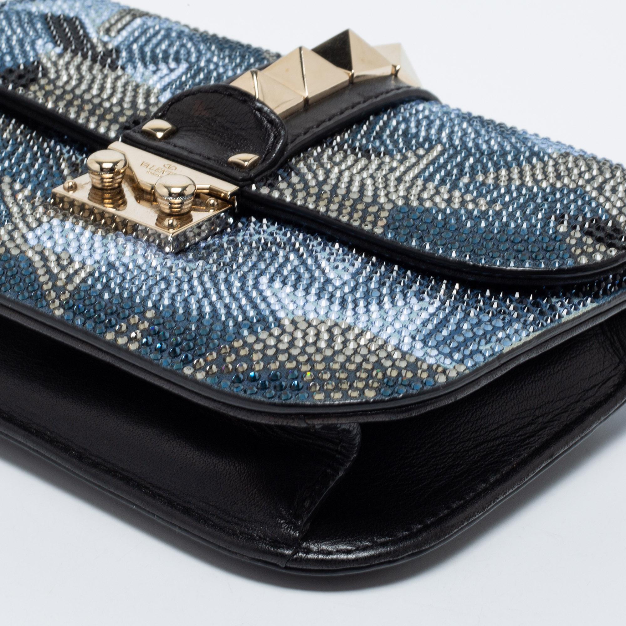 Valentino Blue/Black Crystal Embellished Leather Small Glam Lock Flap Bag 1