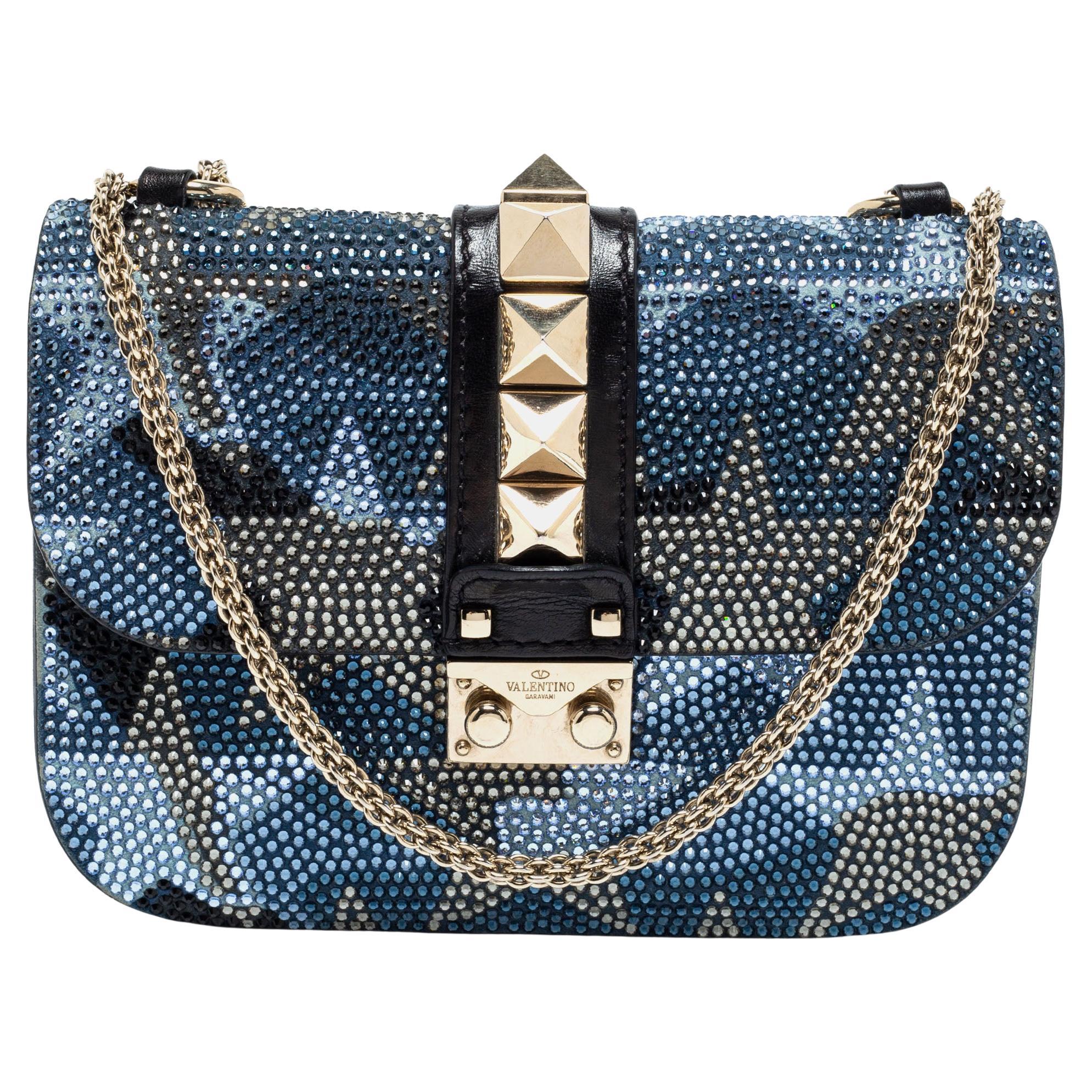 Valentino Blue/Black Crystal Embellished Leather Small Glam Lock Flap Bag