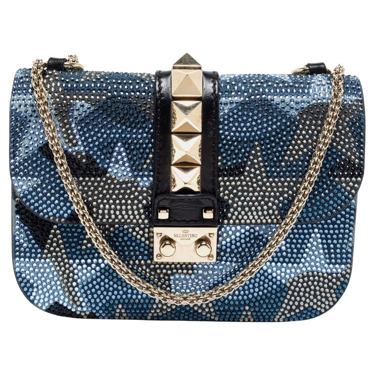 Valentino Blue/Black Crystal Embellished Leather Small Glam Lock Flap ...