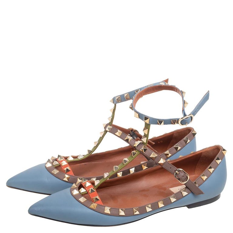 Valentino Blue/Brown Leather Rockstud Caged Ballet Ankle Strap Flats Size  40 at 1stDibs
