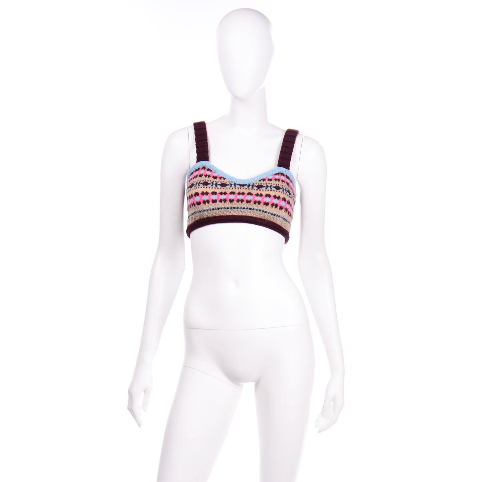 This is such a versatile multi-colored wool fair isle knit bralette style top by Valentino. This deadstock top has original tags attached and the pattern is in pretty shades of sky blue, burgundy, salmon pink, tan, and brown. The top of the bust is