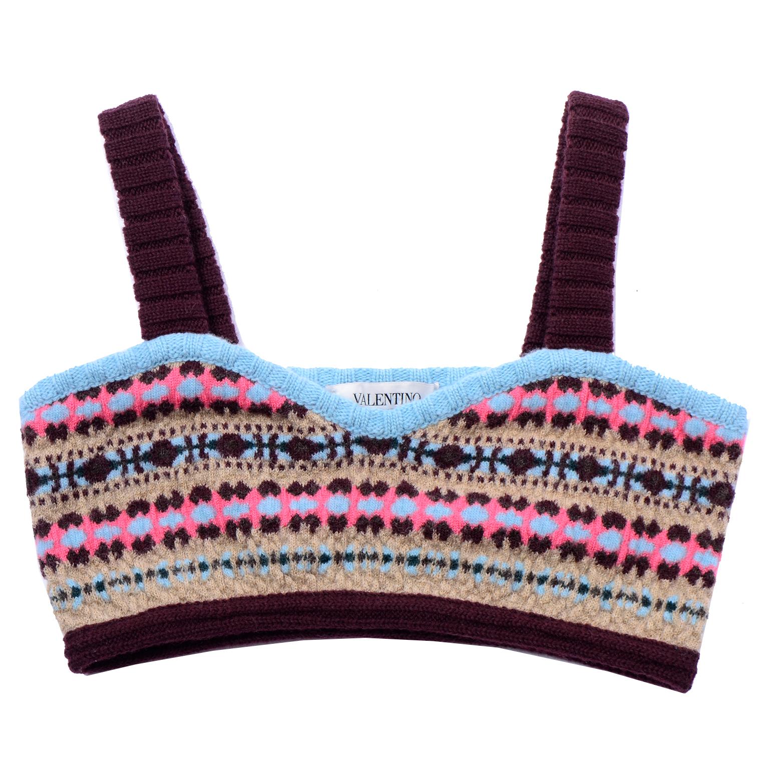 Valentino Blue Brown Pink Fair Isle Knit Bralette Crop Top Deadstock New W Tags In New Condition For Sale In Portland, OR