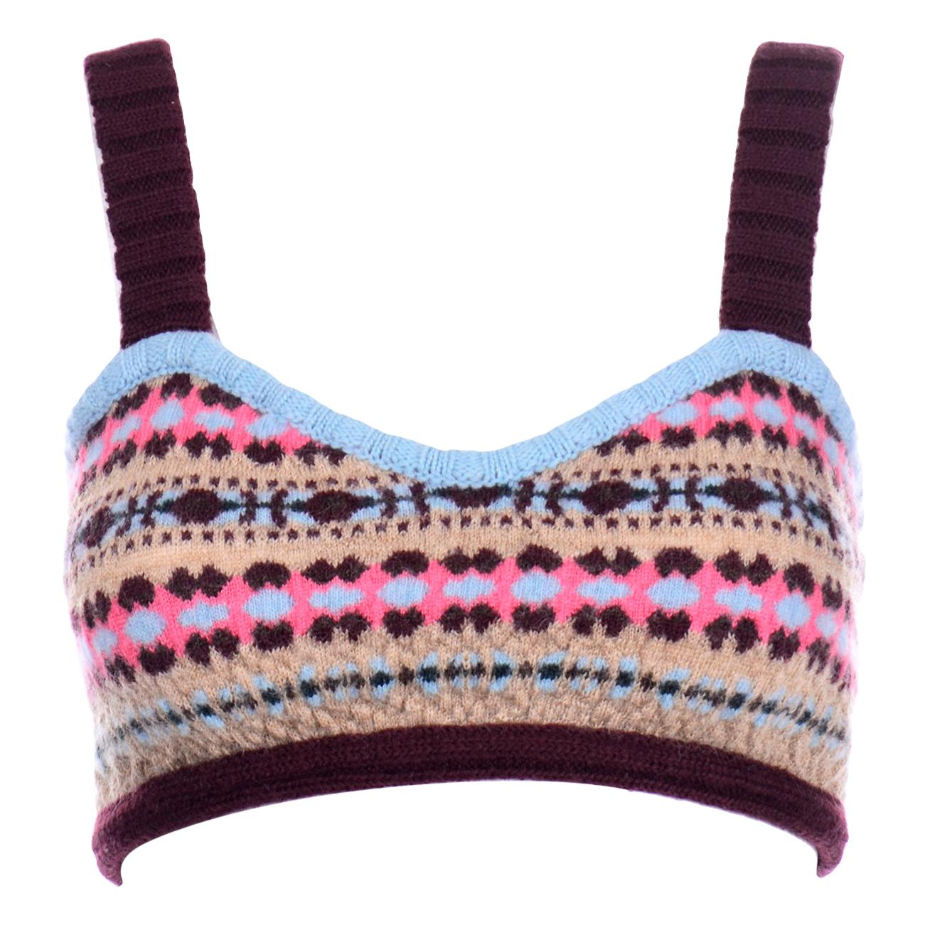 Valentino Blue Brown Pink Fair Isle Knit Bralette Crop Top Deadstock New W Tags For Sale
