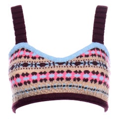 Valentino Haut court court en tricot bleu, marron et rose « Fair Isle », en stock, neuf avec étiquette