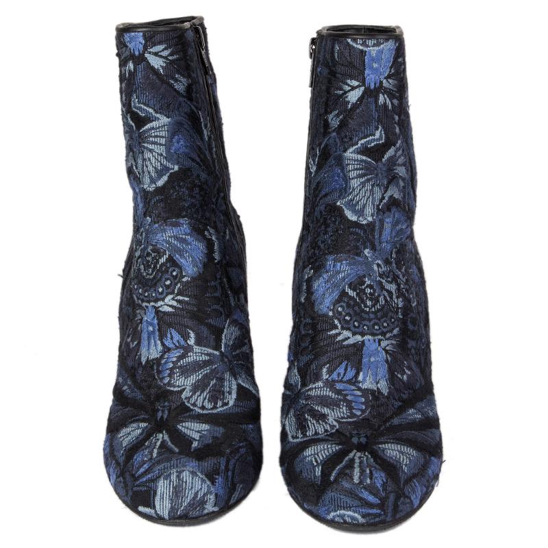 100% authentic Valentino 'Camubutterfly' ankle boots in dark blue, black and bue silk jaquard and a black leather heel. Brand new. 

Measurements
Imprinted Size	38.5
Shoe Size	38.5
Inside Sole	25cm (9.8in)
Width	7.5cm (2.9in)
Heel	9cm