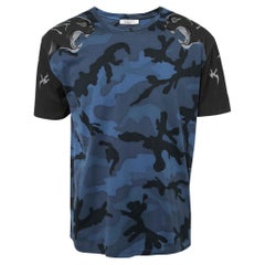 Valentino Blaues Kurzarm-T-Shirt aus Baumwolle mit Camupanther-Druck XL