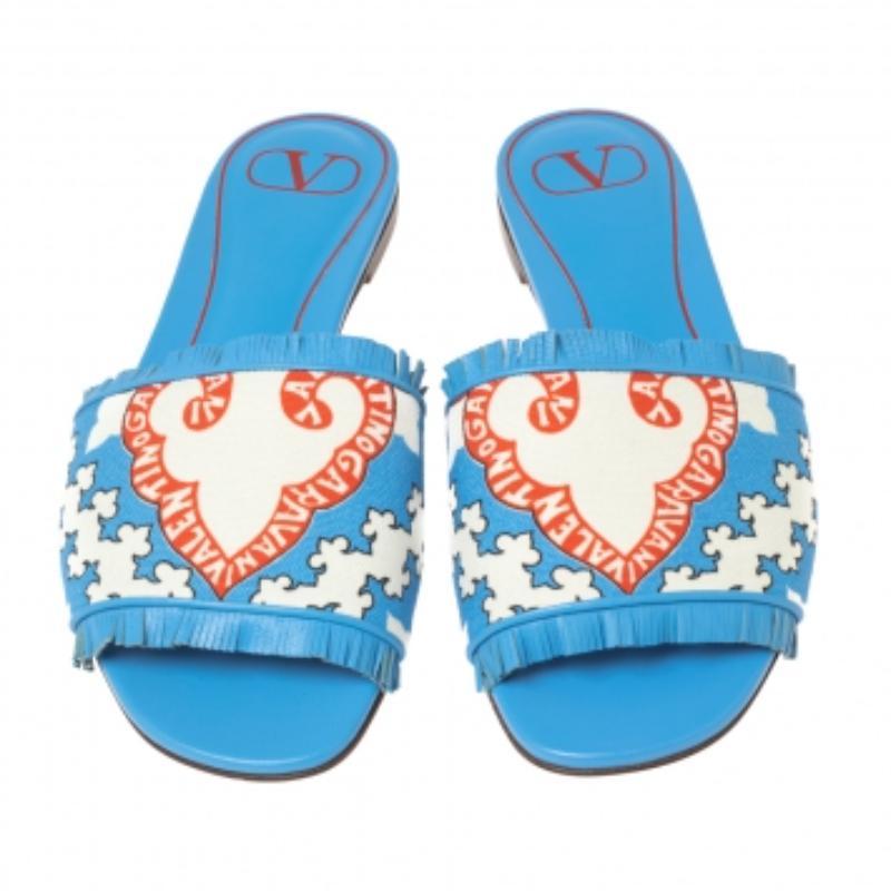 Women's Valentino Blue Canvas Flower Palm Leaf Flat Slides Size 39 For Sale