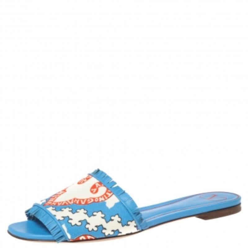 Valentino Blue Canvas Flower Palm Leaf Flat Slides Size 39 For Sale 2