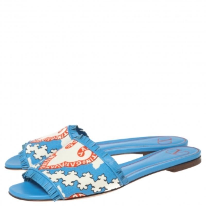 Valentino Blue Canvas Flower Palm Leaf Flat Slides Size 39 For Sale 3