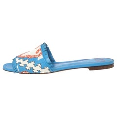 Valentino Blue Canvas Flower Palm Leaf Flat Slides Size 39