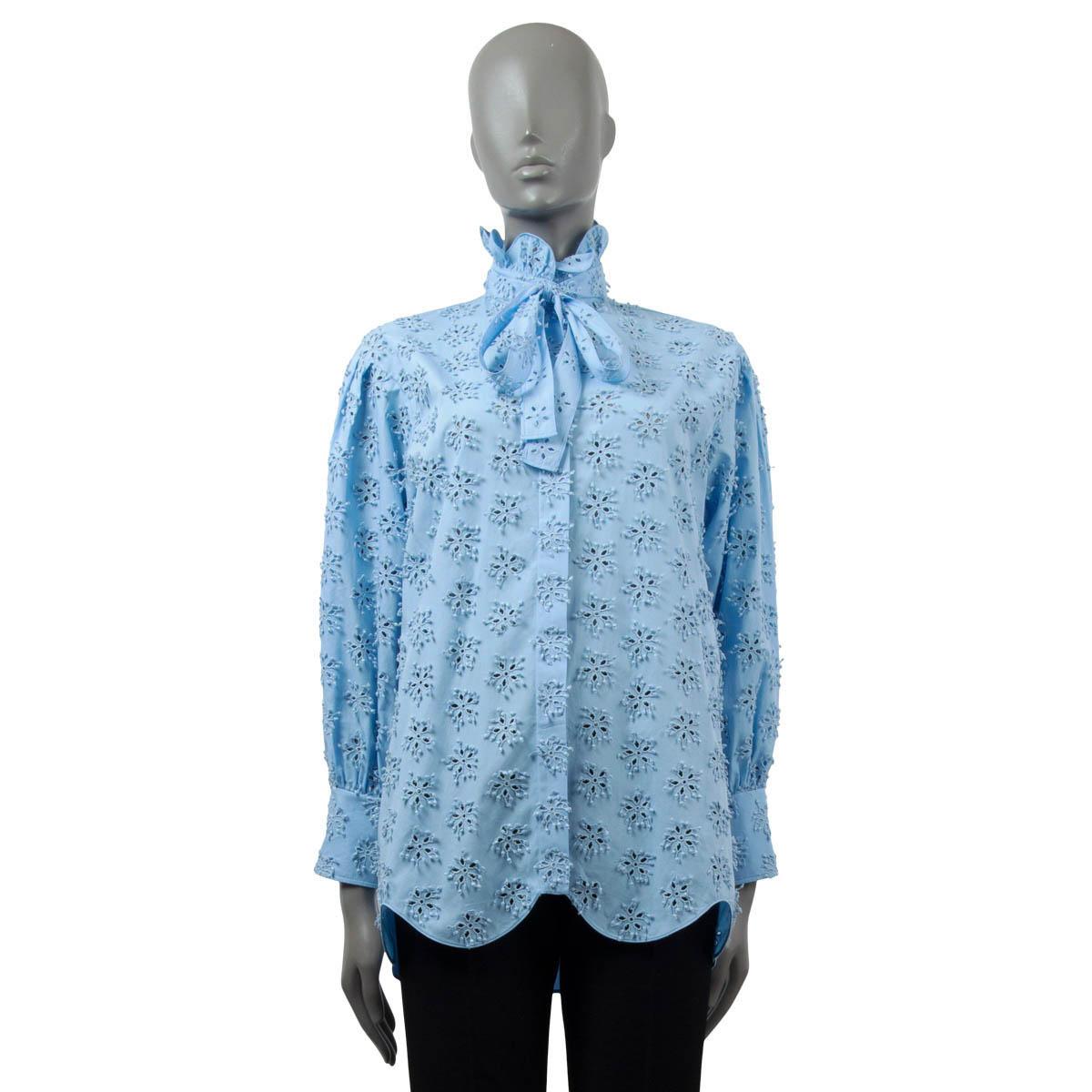 Blue VALENTINO blue cotton 2022 SANGALLO EMBROIDERED HIGH NECK Blouse Shirt 38 XS For Sale