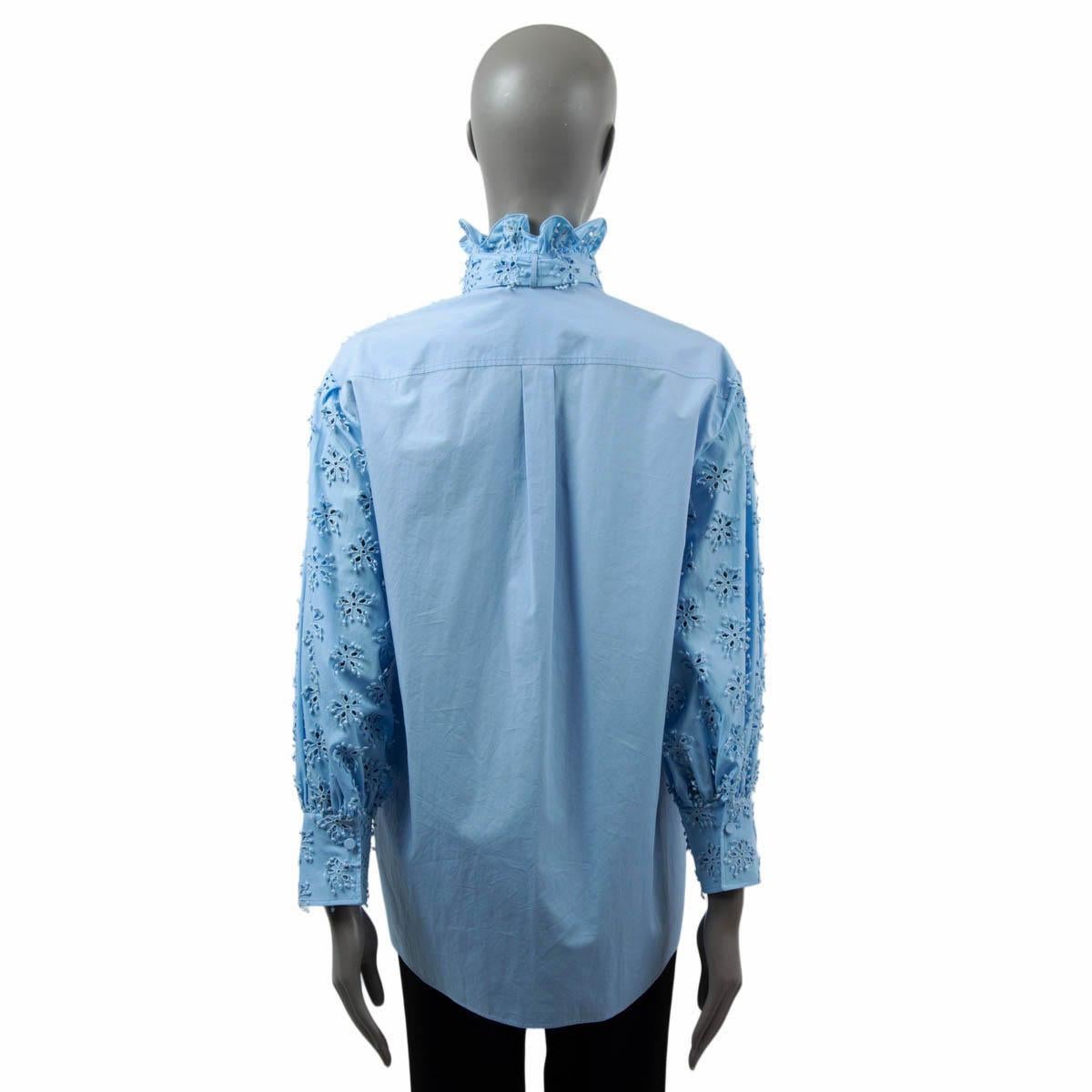 Women's VALENTINO blue cotton 2022 SANGALLO EMBROIDERED HIGH NECK Blouse Shirt 38 XS For Sale
