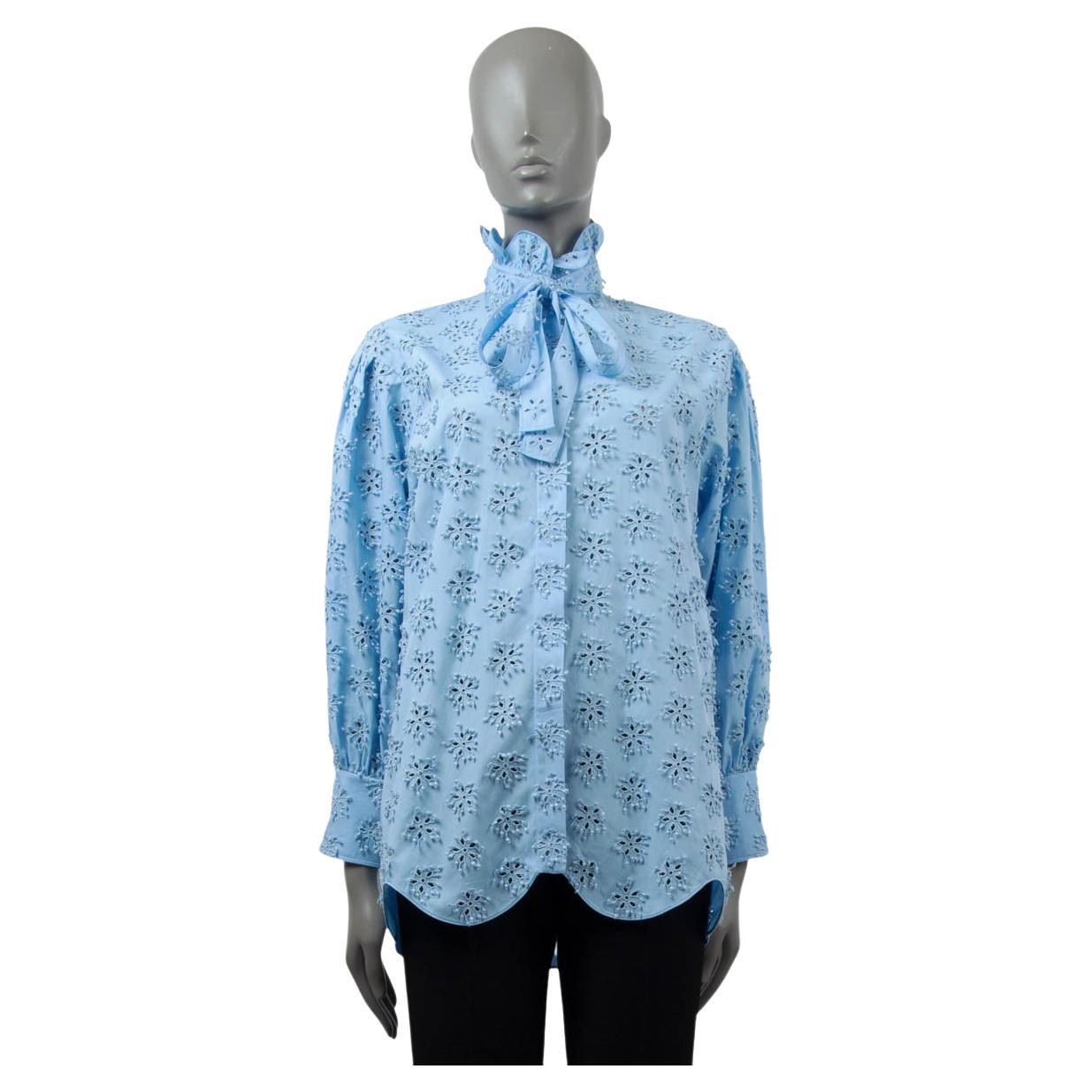 VALENTINO blue cotton 2022 SANGALLO EMBROIDERED HIGH NECK Blouse Shirt 38 XS For Sale