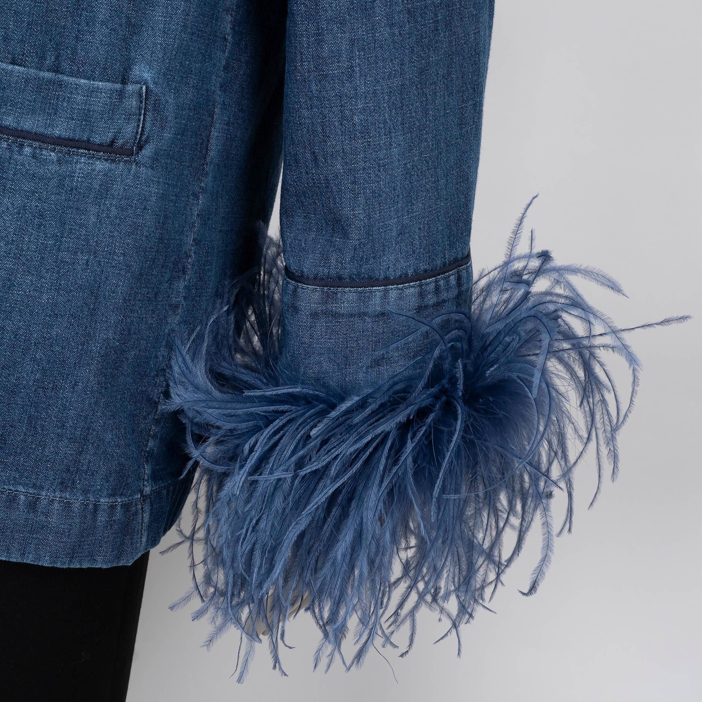 Donna Valentino Camicia in cotone blu 2023 FEATHER TRIM DENIM 40 S in vendita