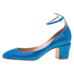 Valentino Blue Crystal Embellished Suede Block Heel Ankle Strap Pumps Size 40
