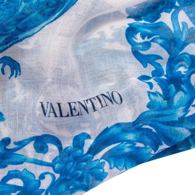 Valentino Blue Delft-Vase Cashmere and Silk Shawl Scarf For Sale at 1stDibs