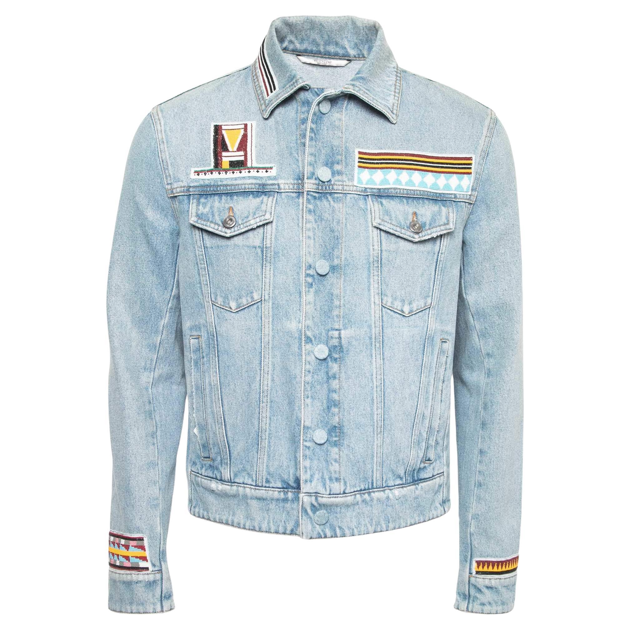 Valentino Blue Denim Bead Embroidered Button Front Jacket S