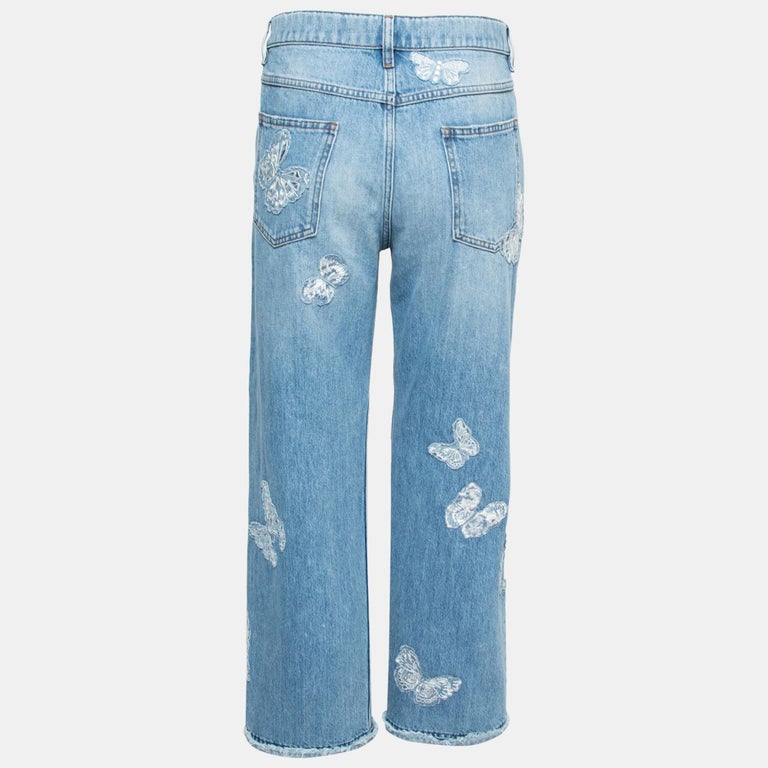 Navy Denim Butterfly Embroidered Shirt for Summer Unisex Short Sleeve Casual Loose Fit main image 0