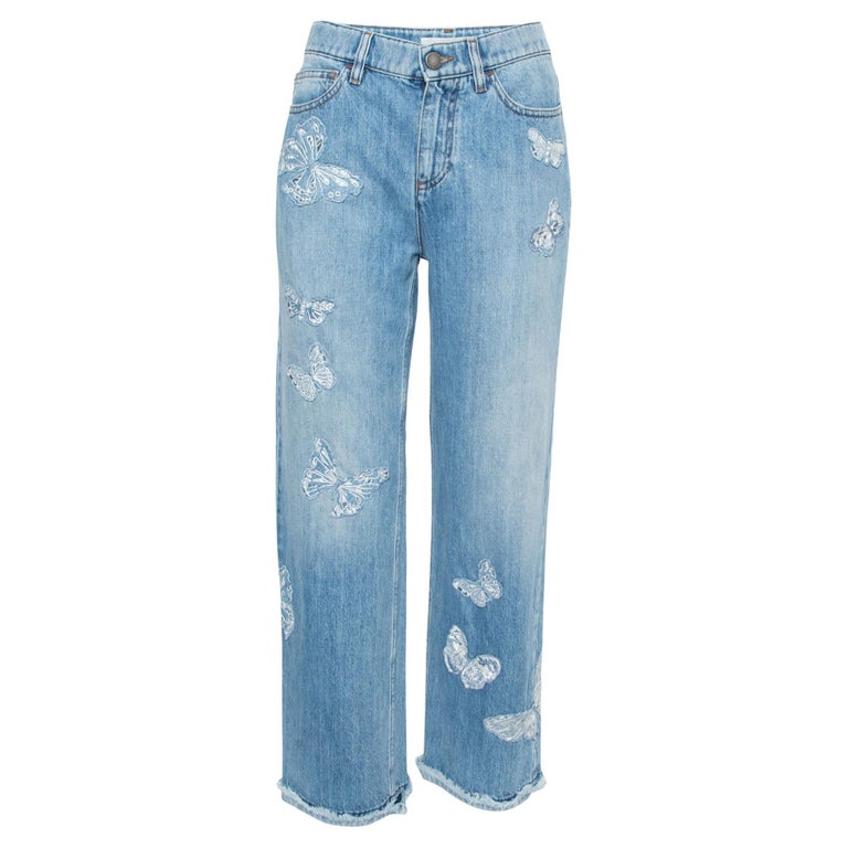 Valentino Blue Denim Butterfly Embroidered Straight Fit Jeans M For Sale at  1stDibs