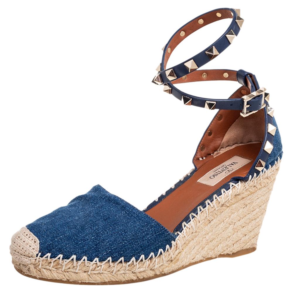 Valentino Blue Denim Rockstud Espadrille Wedge Ankle-Strap Pumps Size 36