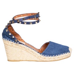 Valentino Blue Denim Rockstud Wedge Espadrilles Size IT 38