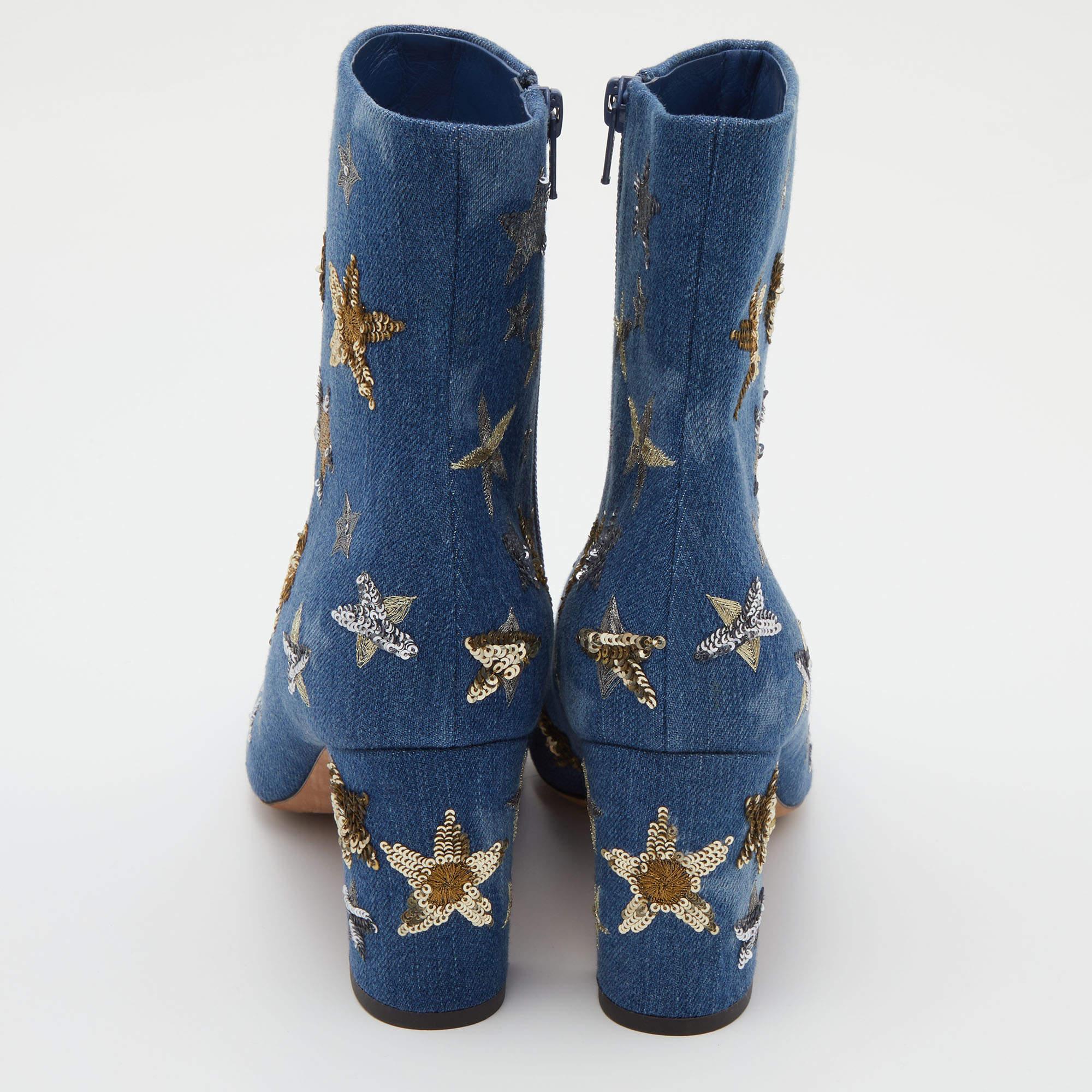Valentino Blue Denim Sequin and Embroidered Stars Ankle Boots Size 39.5 1