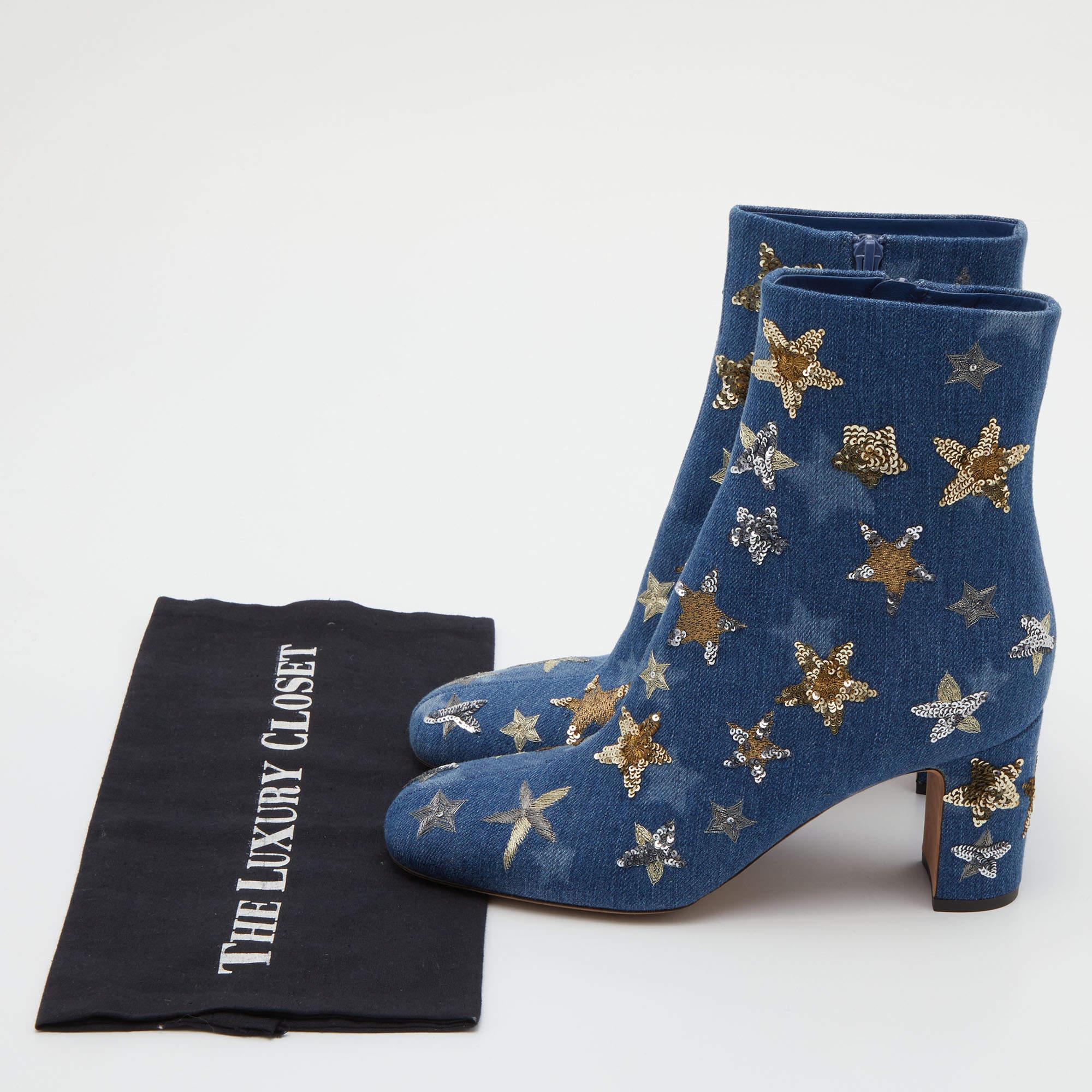 Valentino Blue Denim Sequin and Embroidered Stars Ankle Boots Size