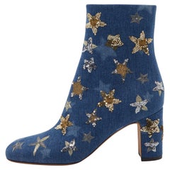 Valentino Blue Denim Sequin and Embroidered Stars Ankle Boots Size 39.5