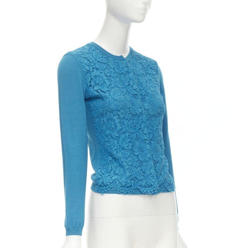 Blue VALENTINO blue floral lace front wool silk cashmere cardigan sweater S For Sale
