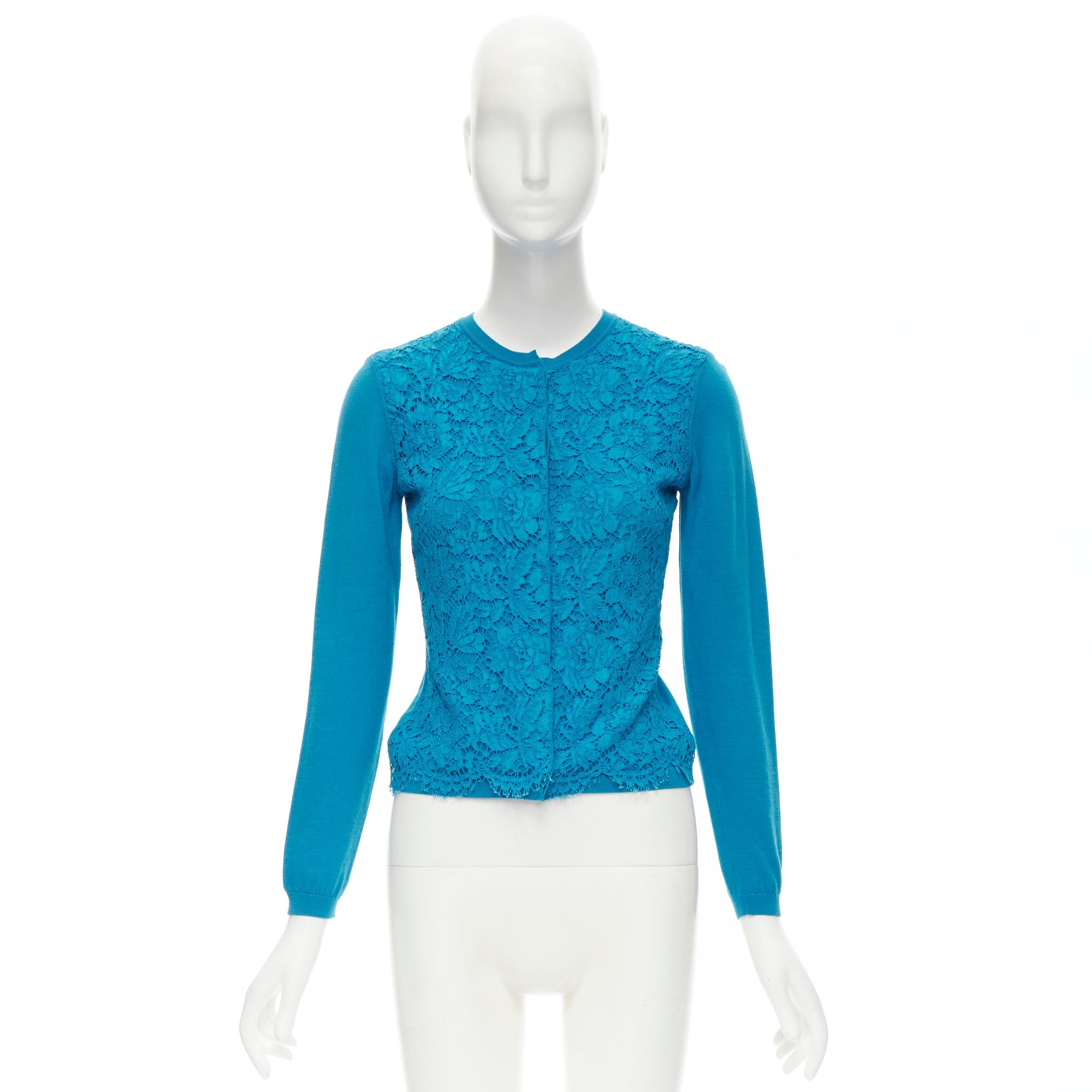 VALENTINO blue floral lace front wool silk cashmere cardigan sweater S For Sale 3