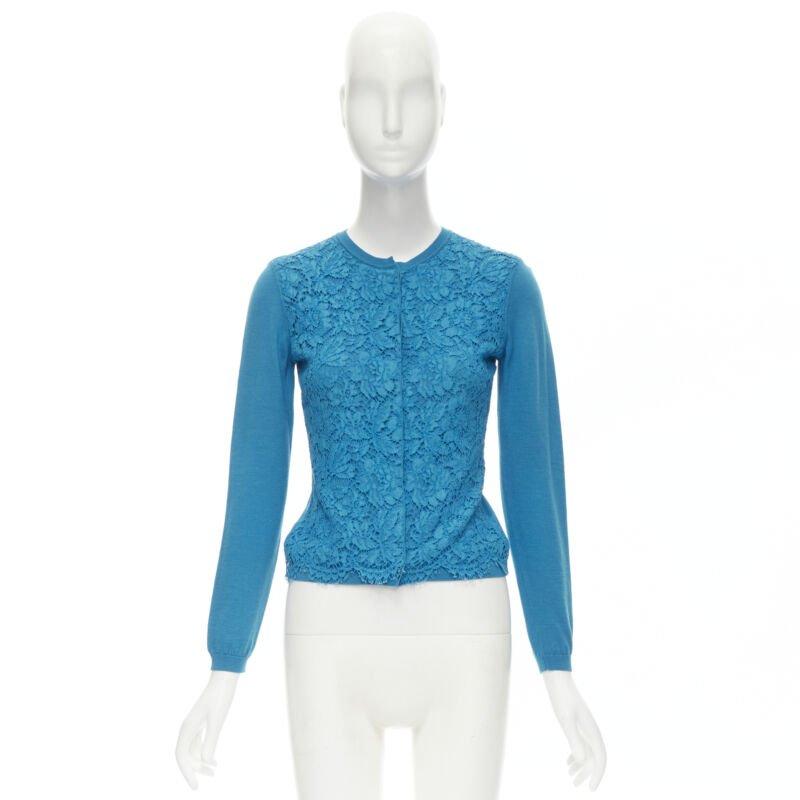 VALENTINO blue floral lace front wool silk cashmere cardigan sweater S For Sale 5